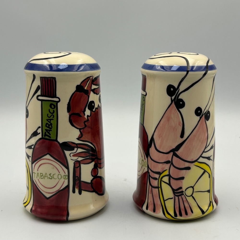 VTG Tabasco Salt Pepper Shakers Set Tabasco Ceramic Crawfish Shrimp Seafood 5"